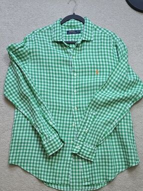 Men Polo by Ralph Lauren Green and White Gingham Button-Down Linen Shirt